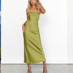 Olive strapless satin midi dress
